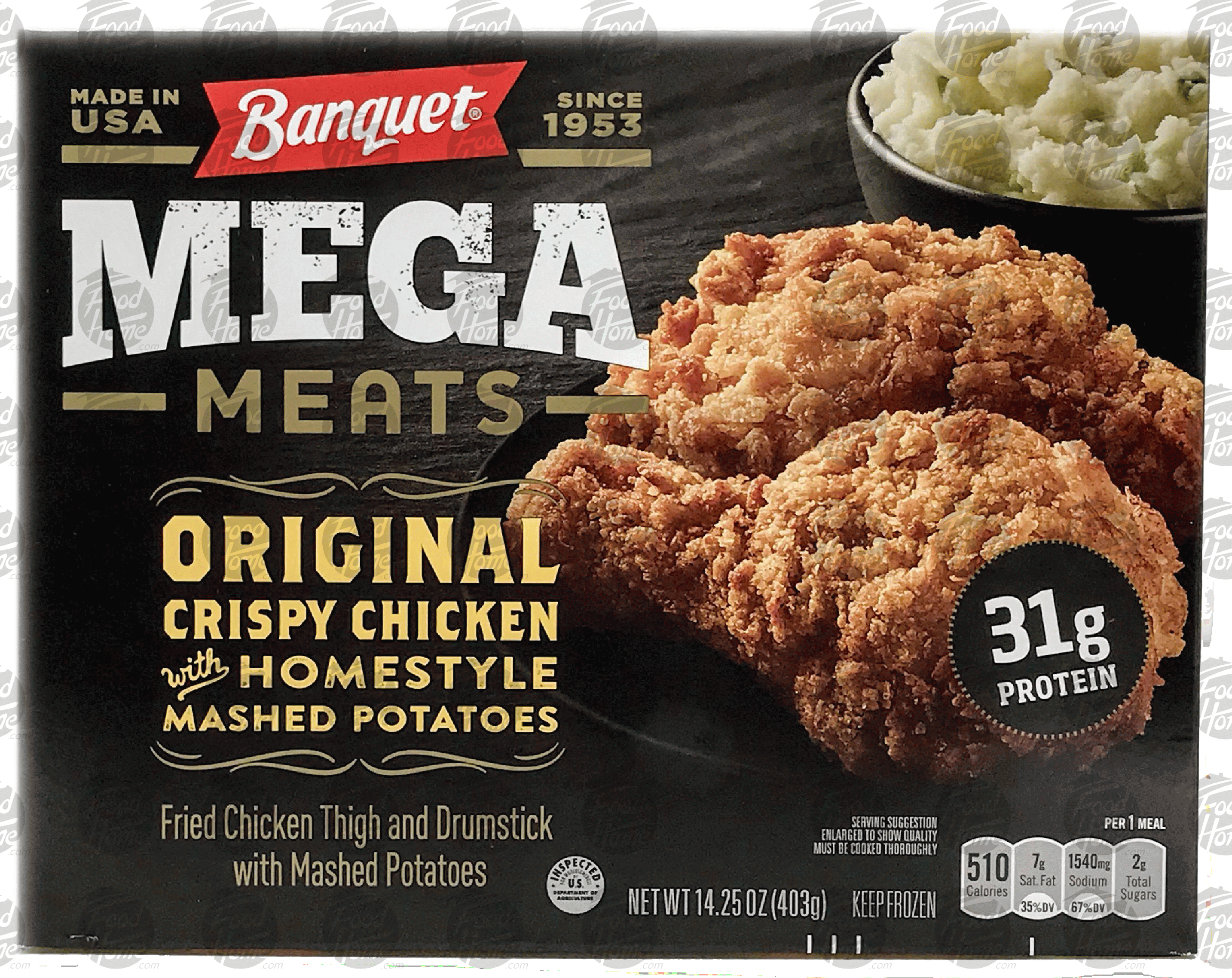 Banquet Mega Meats original crispy chicken with homestyle mashed potatoes, frozen entree Full-Size Picture